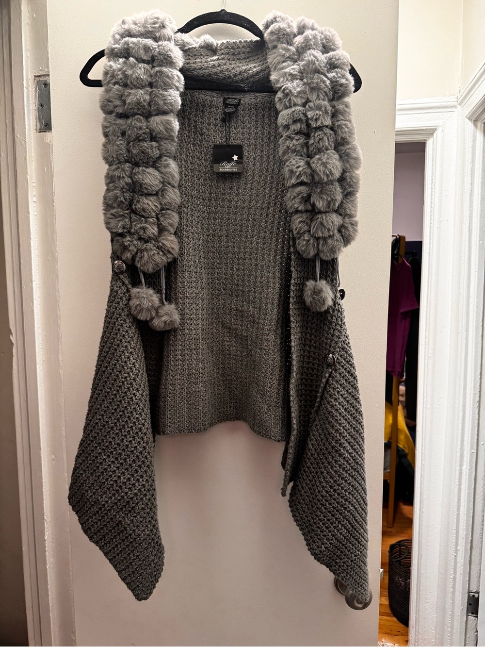 Faux-Fur Trim Gray Open Knit Women's Poncho Sweater